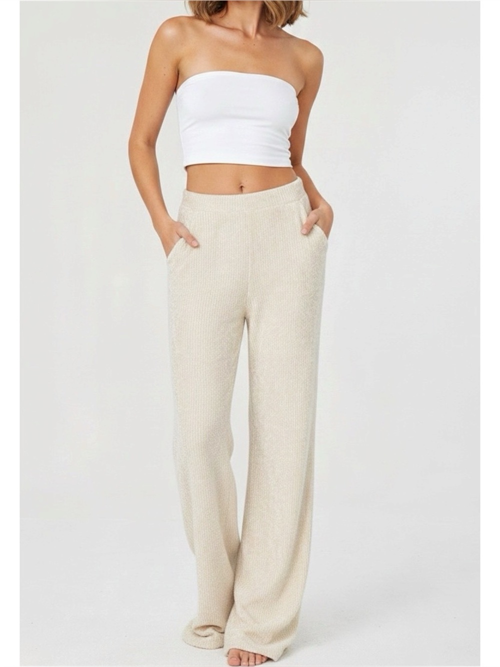 AYA MUSE Opal Soft Knit Wide Leg Velvet Pants, Cream, Medium